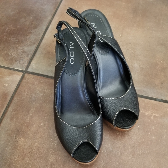Aldo Black Wedge Peep Toe Sling Back W 7 - Picture 1 of 11